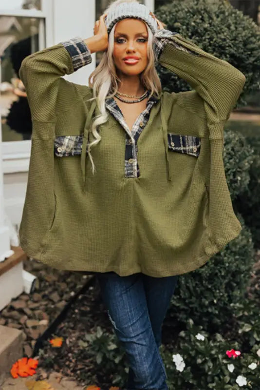 Green flowy plaid accent waffle knit henley hoodie - tops