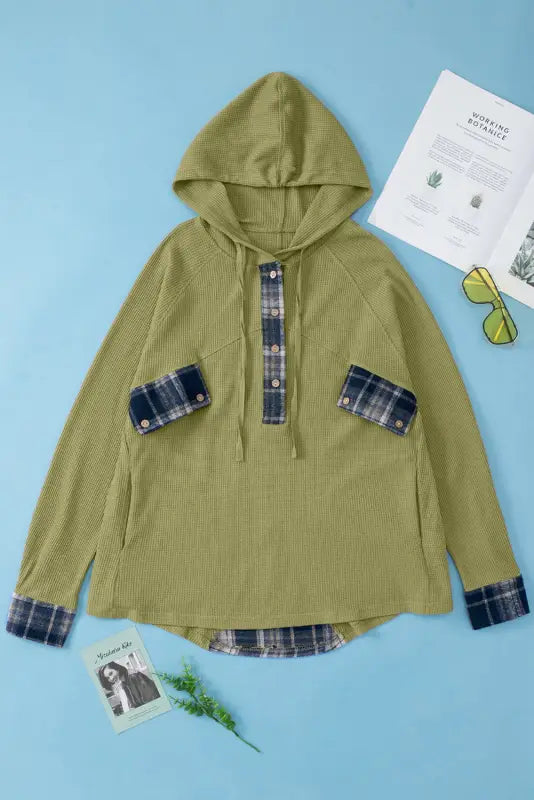 Green flowy plaid accent waffle knit henley hoodie - tops