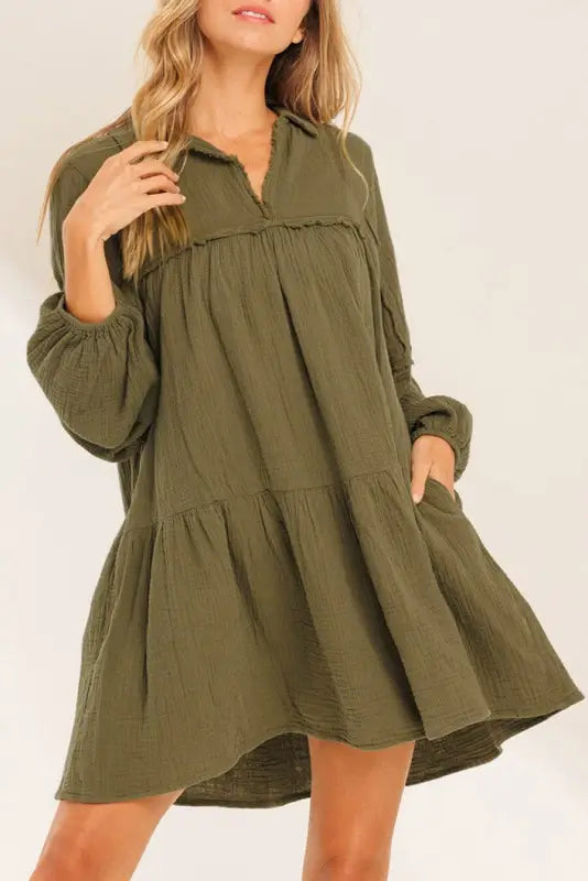 Green frayed trim split neck puff sleeve flared dress - s / 100% cotton - dresses