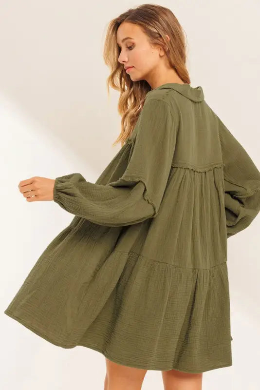 Green frayed trim split neck puff sleeve flared dress - dresses