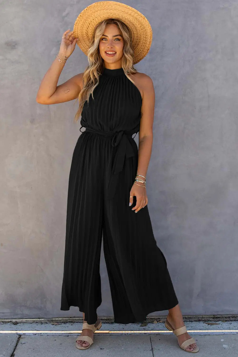 Green halter neck pleated wide leg jumpsuit with belt - black / s 100% polyester jumpsuits & rompers