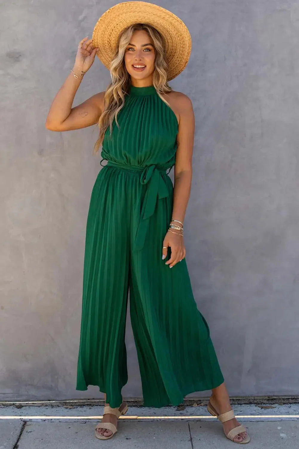Green halter neck pleated wide leg jumpsuit with belt - jumpsuits & rompers