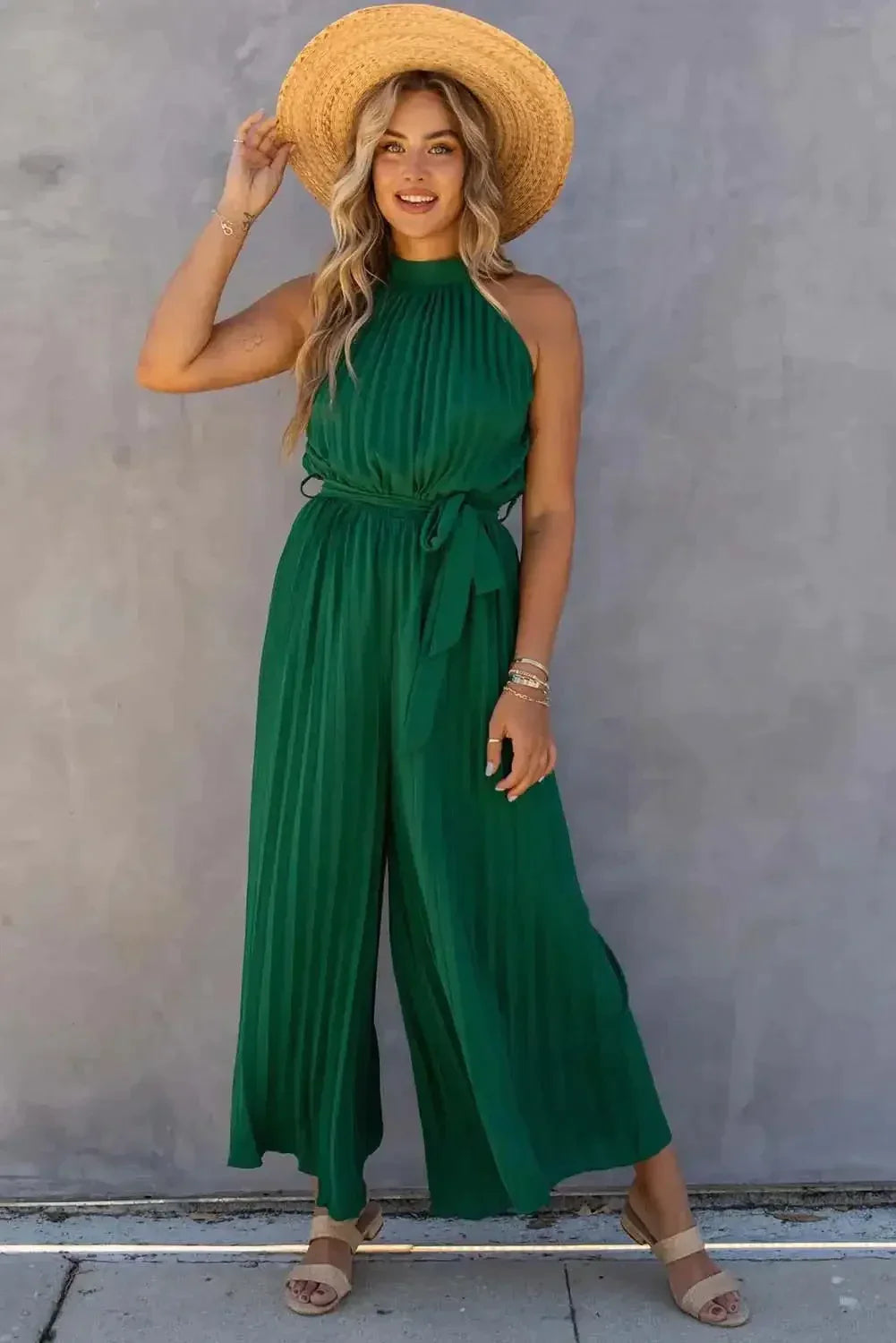 Green halter neck pleated wide leg jumpsuit with belt - s 100% polyester jumpsuits & rompers