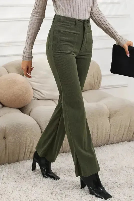 Green High Waist Square Pockets Corduroy Pants - Fashionfitz