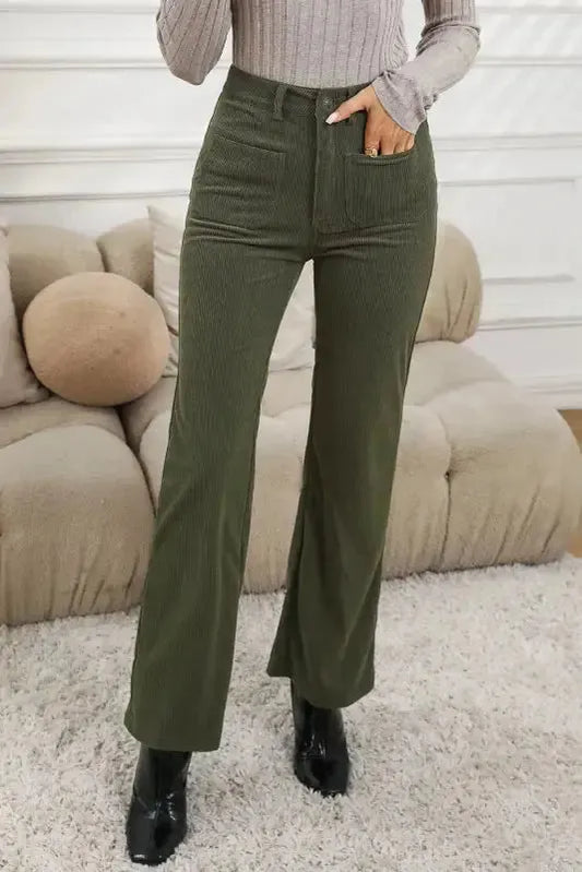 Green High Waist Square Pockets Corduroy Pants - Fashionfitz