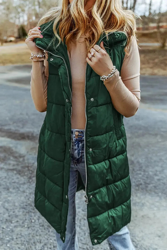 Green Hooded Long Quilted Vest Coat - Fashionfitz