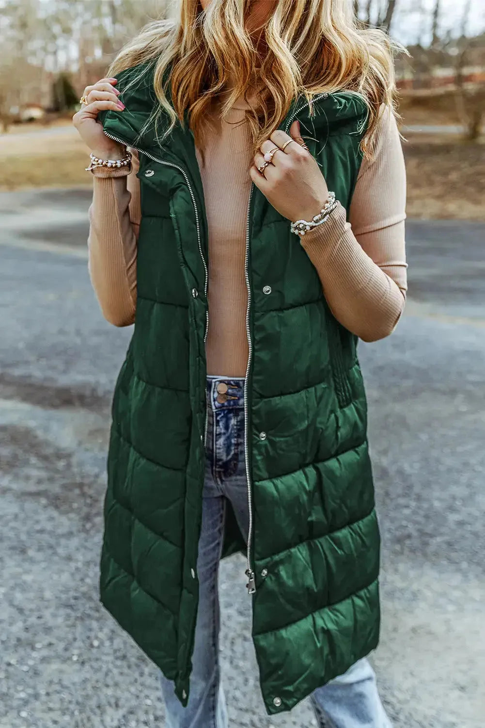 Green Hooded Long Quilted Vest Coat - Fashionfitz
