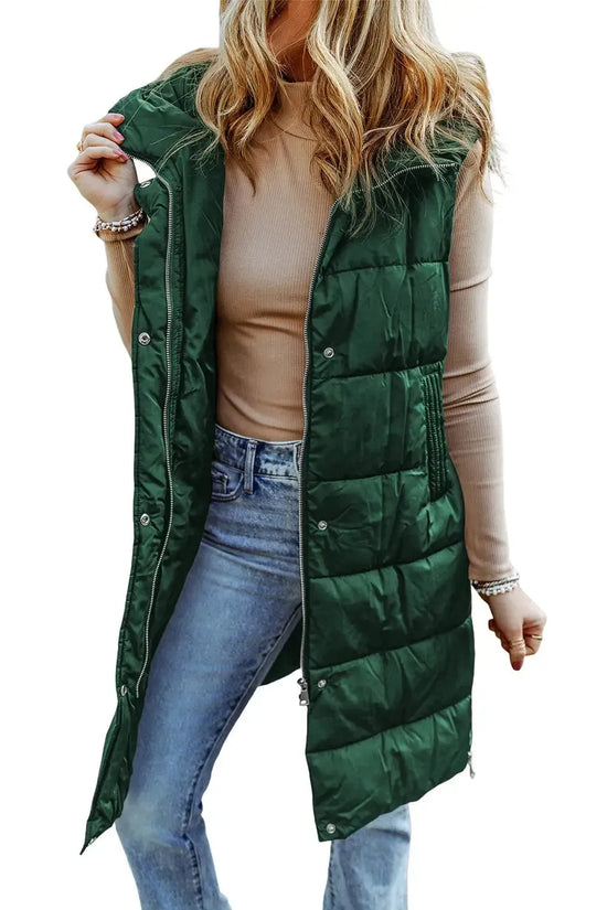 Green Hooded Long Quilted Vest Coat - Fashionfitz