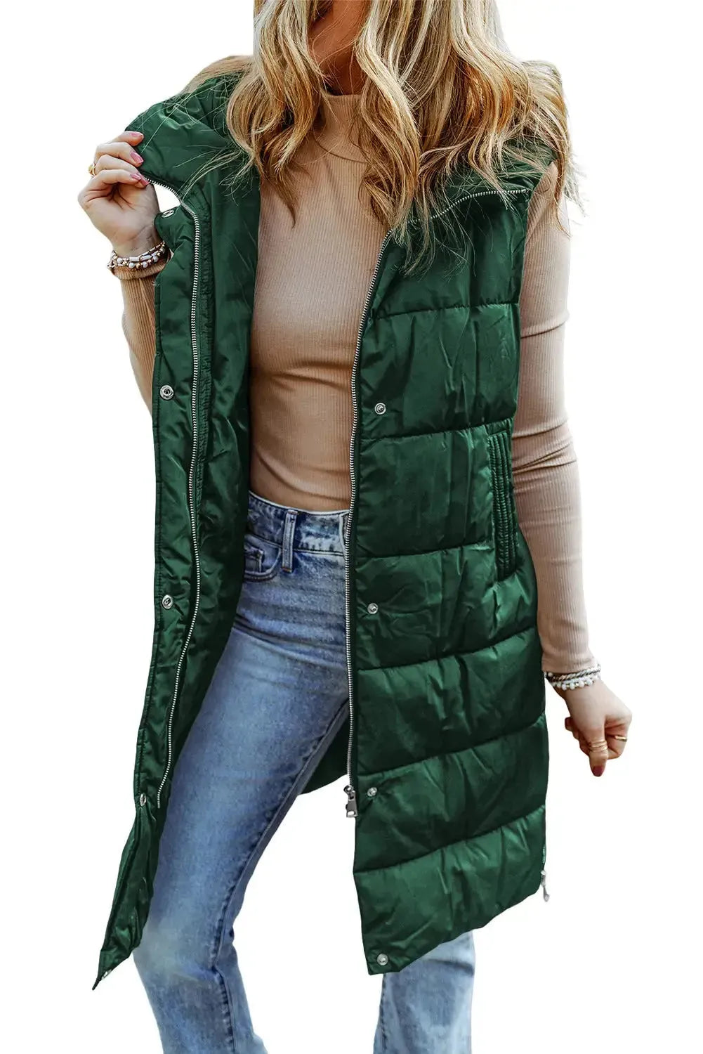 Green Hooded Long Quilted Vest Coat - Fashionfitz