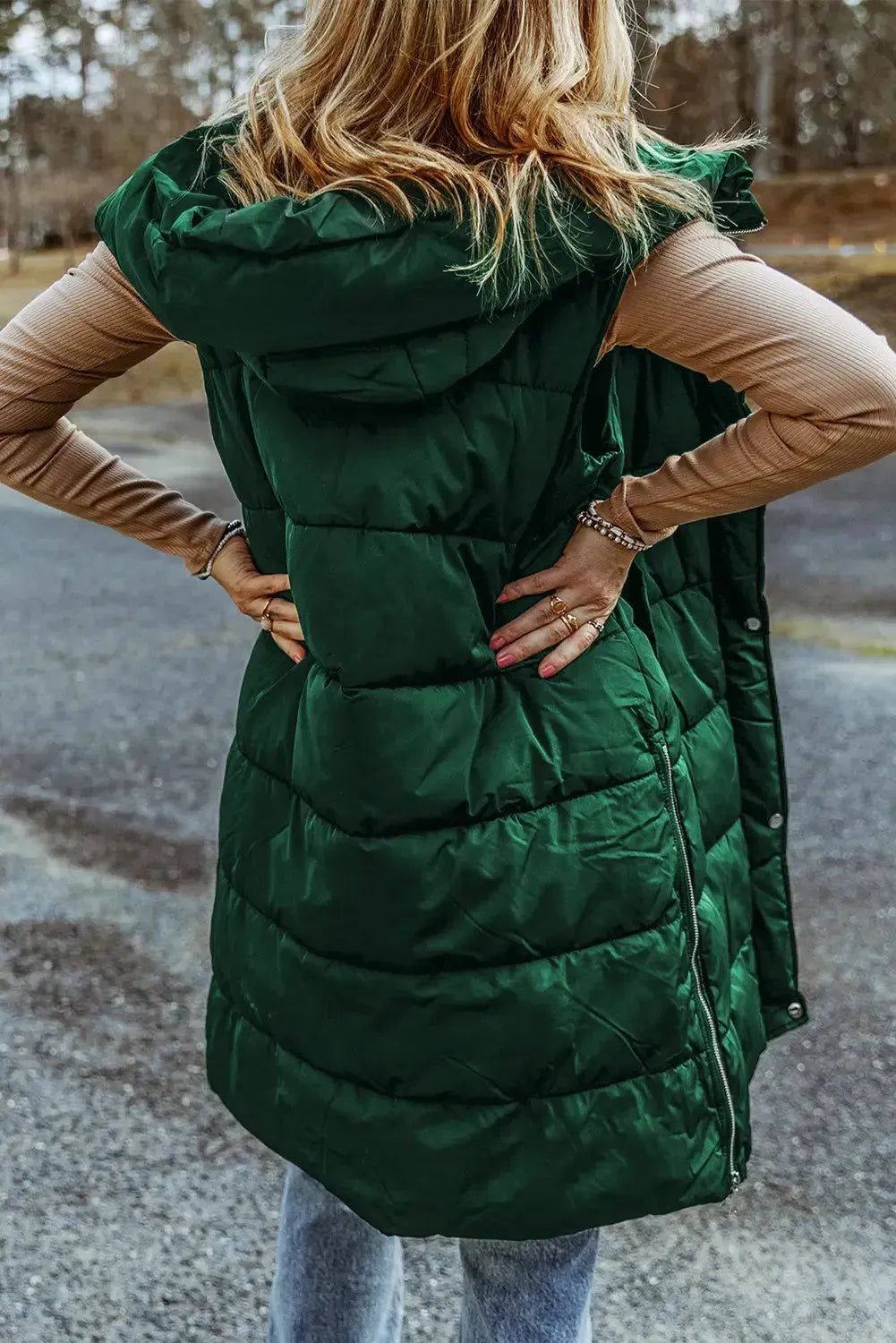 Green Hooded Long Quilted Vest Coat - Fashionfitz