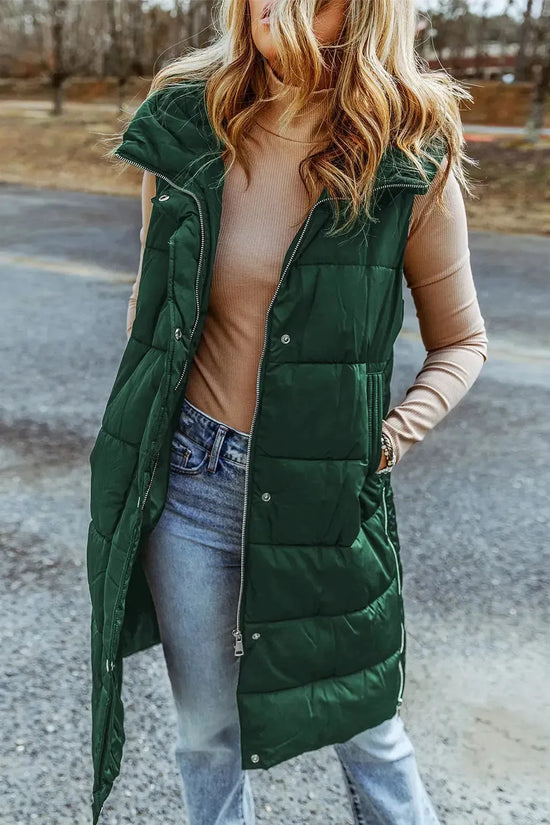 Green Hooded Long Quilted Vest Coat - Fashionfitz