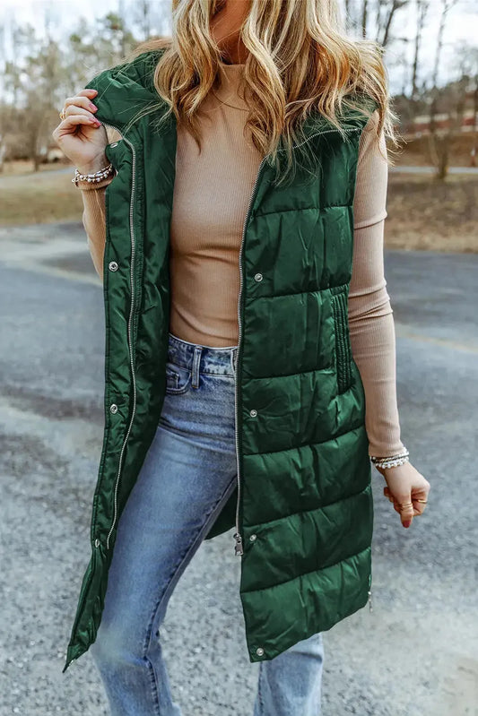 Green Hooded Long Quilted Vest Coat - Fashionfitz