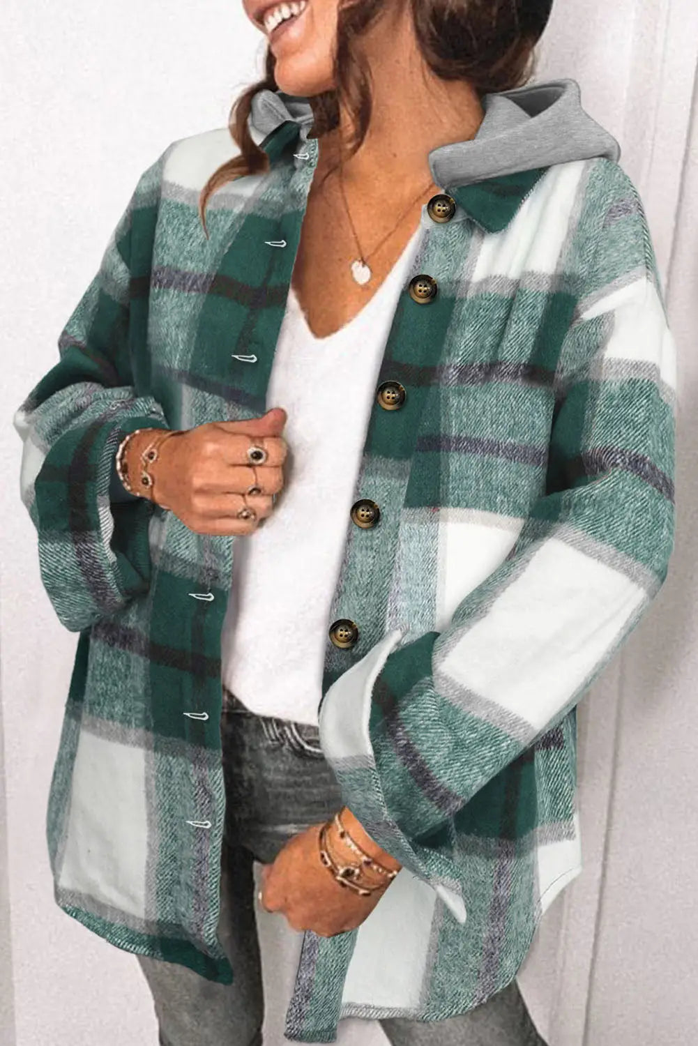 Green hooded plaid button front shacket - green-2 / s / 100% polyester - shackets