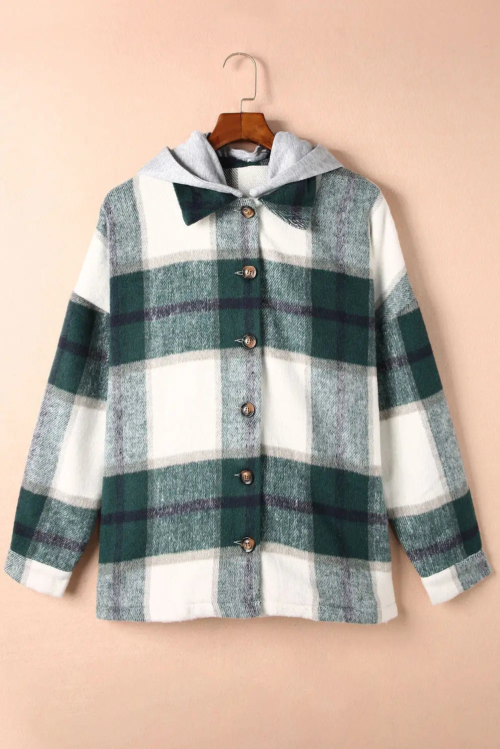 Green hooded plaid button front shacket - shackets