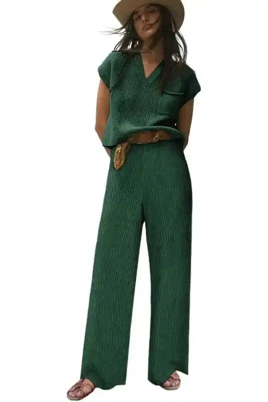 Green Knitted V Neck Sweater and Casual Pants Set - Fashionfitz