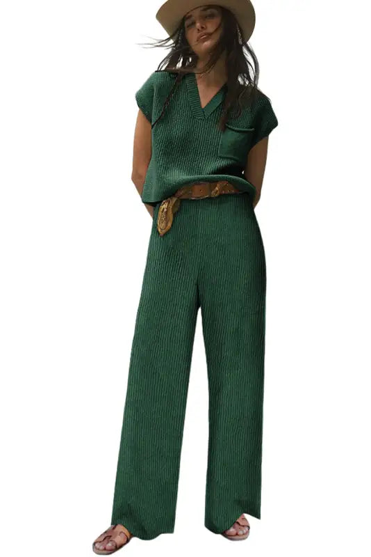 Green knitted v neck sweater and casual pants set - loungewear