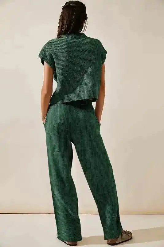 Green Knitted V Neck Sweater and Casual Pants Set - Fashionfitz