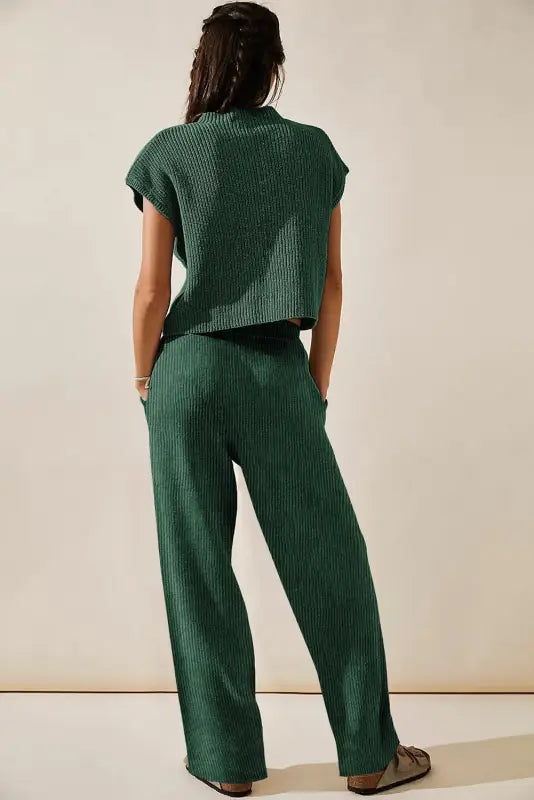 Green knitted v neck sweater and casual pants set - loungewear