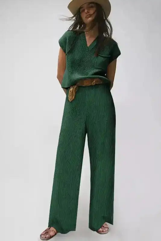 Green Knitted V Neck Sweater and Casual Pants Set - Fashionfitz
