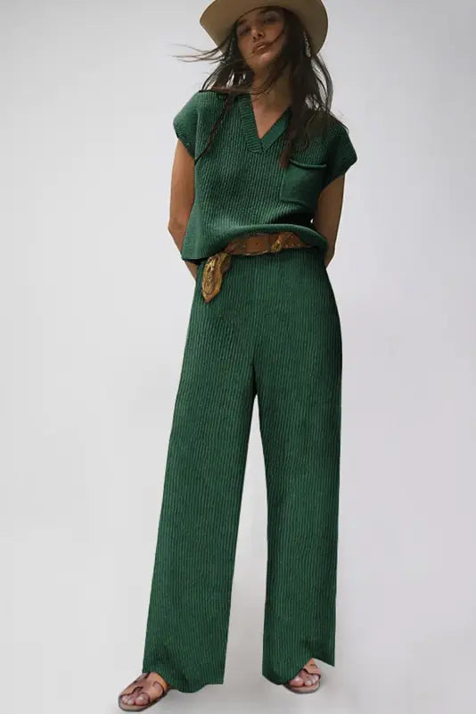 Green knitted v neck sweater and casual pants set - loungewear