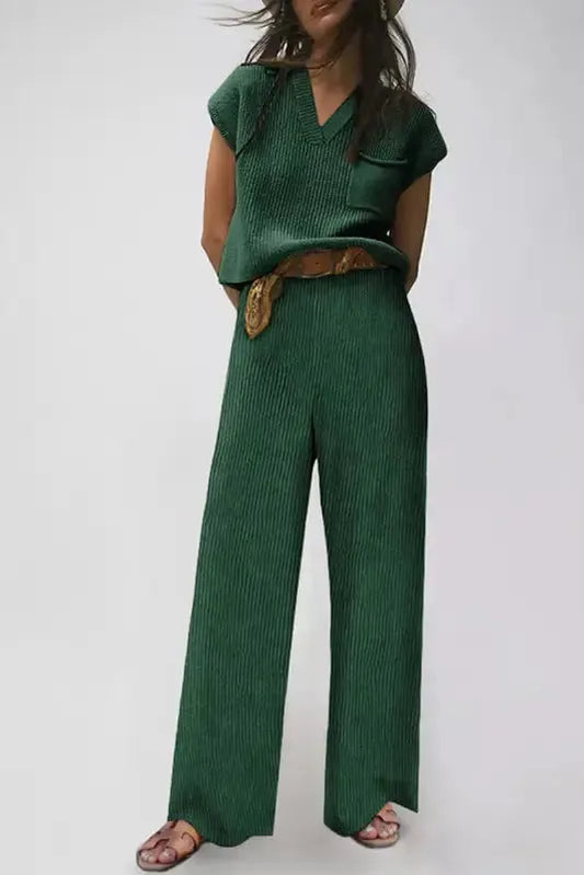 Green Knitted V Neck Sweater and Casual Pants Set - Fashionfitz