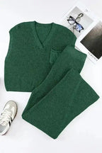 Green Knitted V Neck Sweater and Casual Pants Set - Fashionfitz