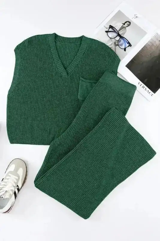 Green Knitted V Neck Sweater and Casual Pants Set - Fashionfitz