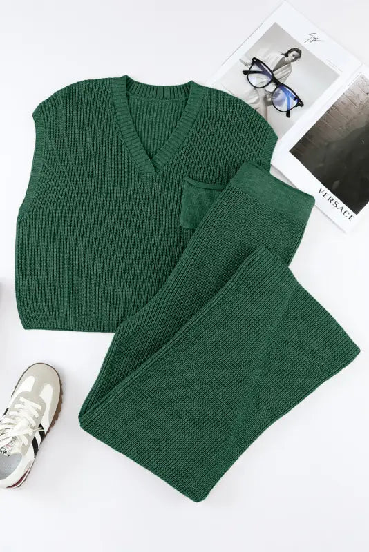 Green knitted v neck sweater and casual pants set - loungewear