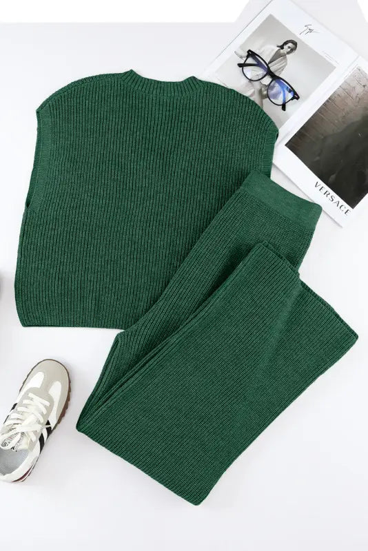 Green knitted v neck sweater and casual pants set - loungewear