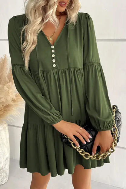 Green lace puff sleeve buttoned tiered ruffled mini dress - s / 100% viscose - dresses