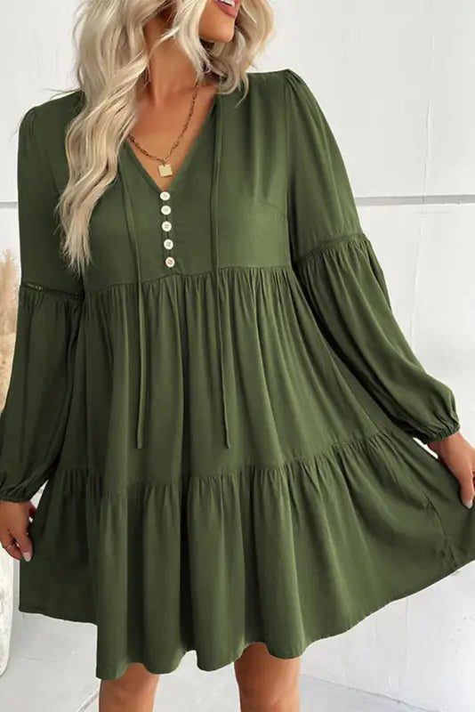 Green lace puff sleeve buttoned tiered ruffled mini dress - dresses