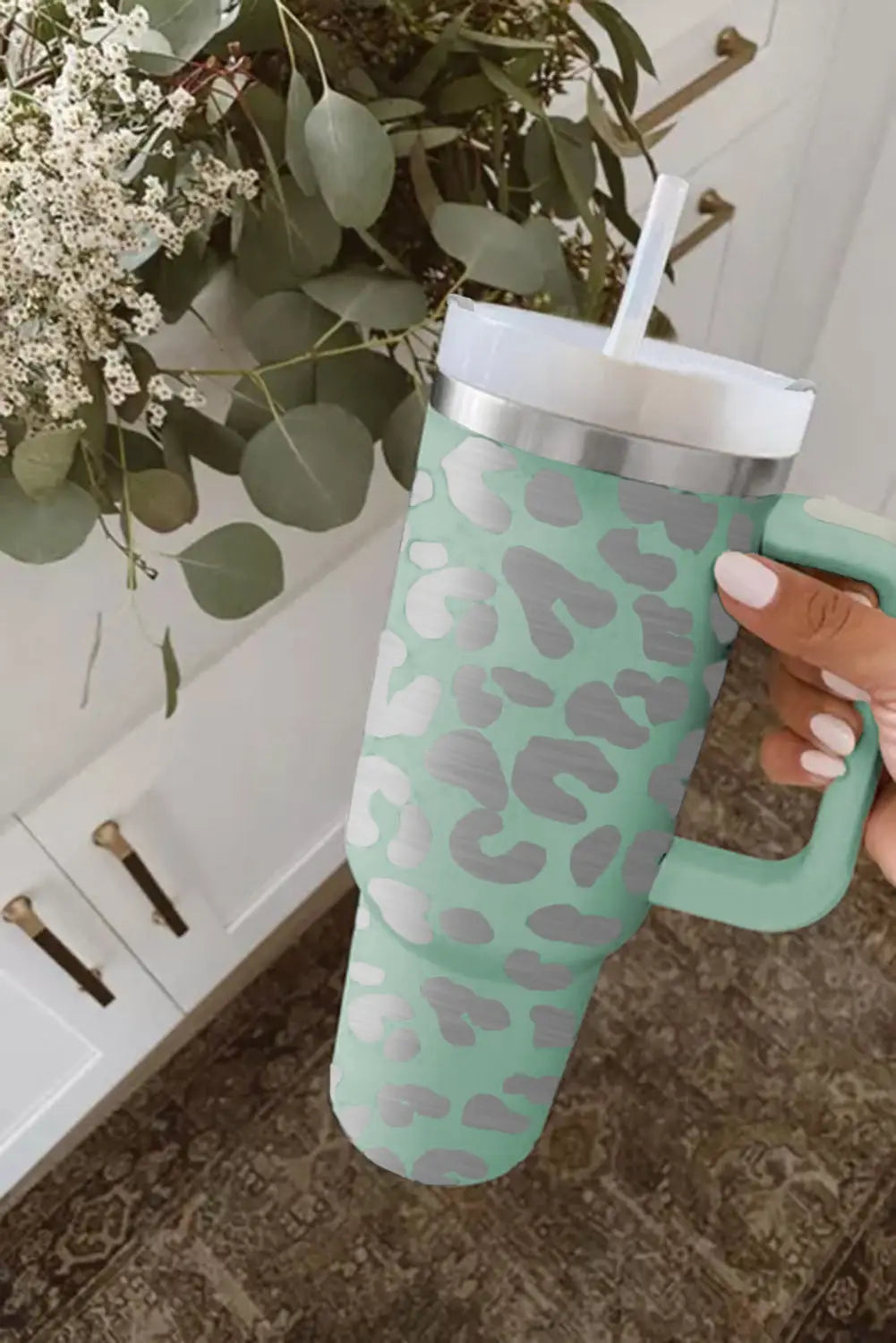Green leopard print 40oz stainless steel portable cup with handle - one size / steel - tumblers