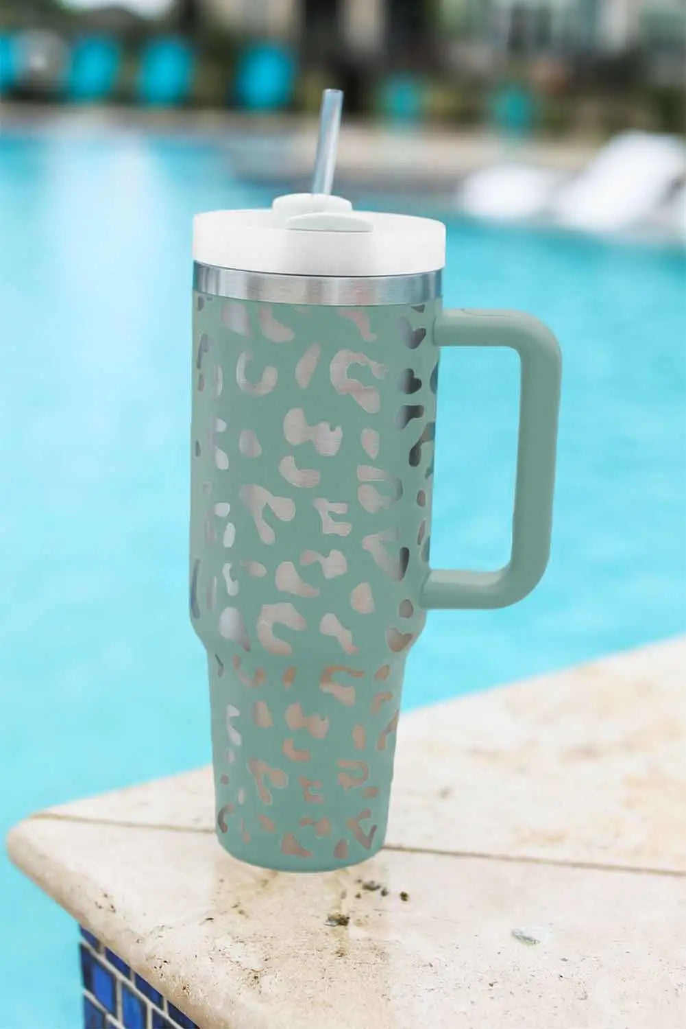 Green leopard print 40oz stainless steel portable cup with handle - one size / steel - tumblers