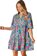 Green Leopard Print Bubble Sleeve Slit Neck Ruffled Dress - Fashionfitz