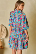 Green Leopard Print Bubble Sleeve Slit Neck Ruffled Dress - Fashionfitz