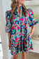 Green Leopard Print Bubble Sleeve Slit Neck Ruffled Dress - Fashionfitz