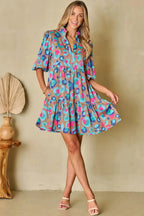 Green Leopard Print Bubble Sleeve Slit Neck Ruffled Dress - Fashionfitz