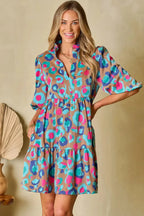 Green Leopard Print Bubble Sleeve Slit Neck Ruffled Dress - Fashionfitz