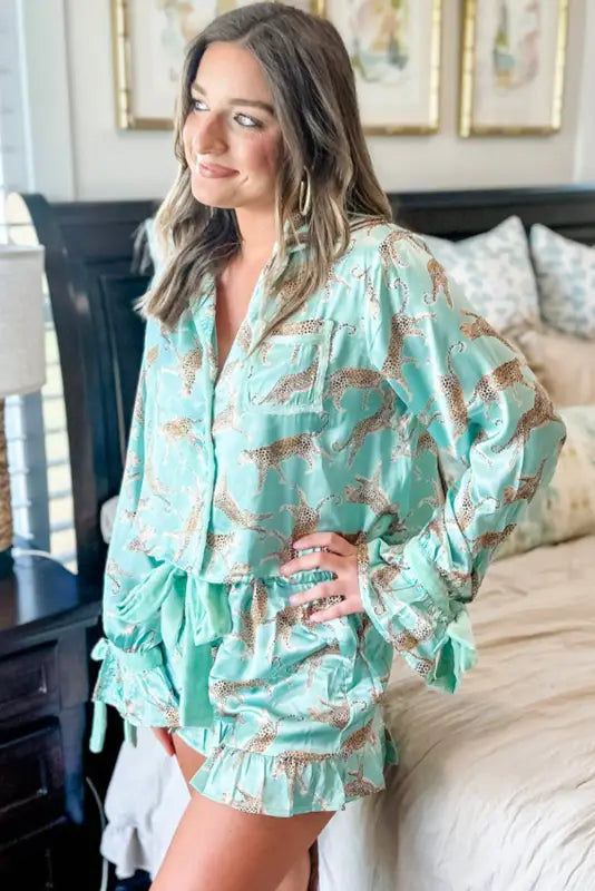 Green leopard satin ruffle pajama short set