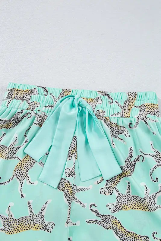 Green leopard satin ruffle pajama short set