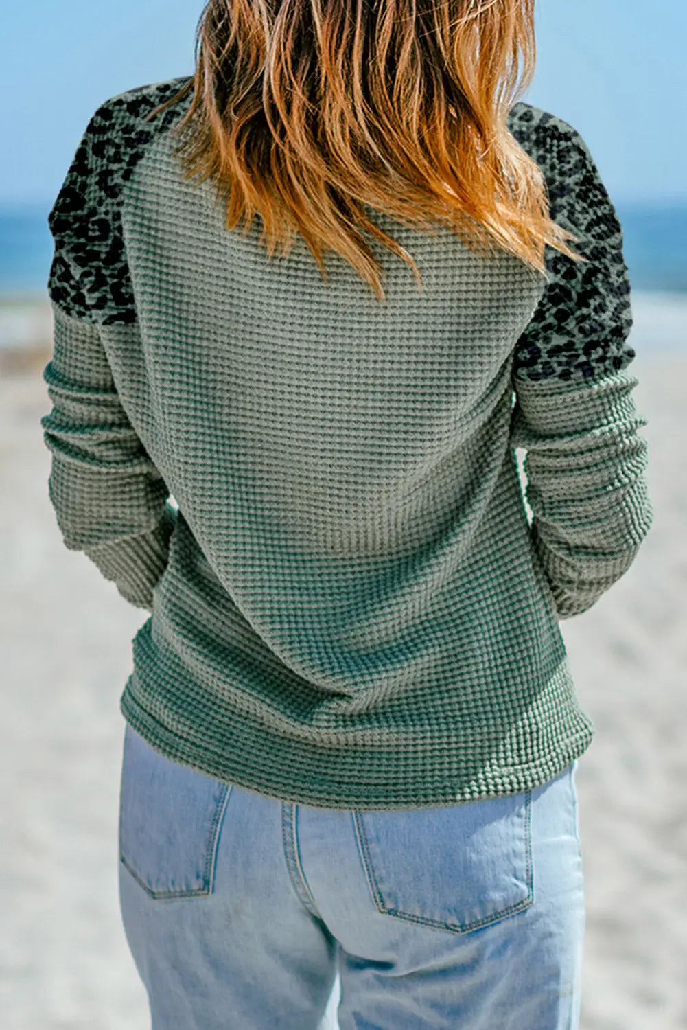 Green leopard waffle knit buttoned v neck long sleeve top -