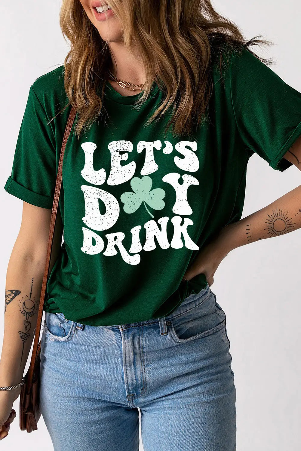 Green lets day drink clover print round neck t shirt - graphic t-shirts