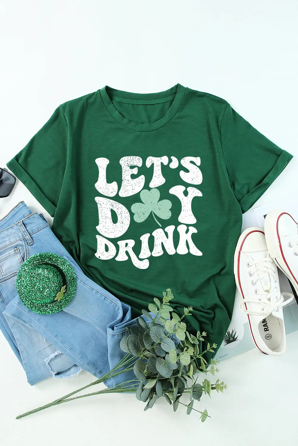 Green lets day drink clover print round neck t shirt - graphic t-shirts
