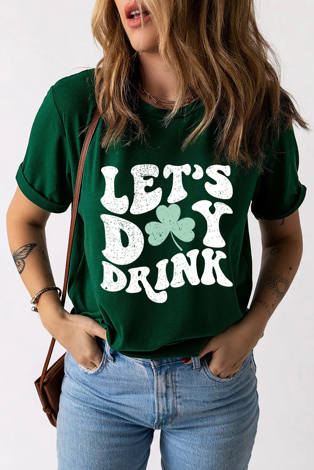 Green lets day drink clover print round neck t shirt - s 62% polyester + 32% cotton + 6% elastane graphic t - shirts