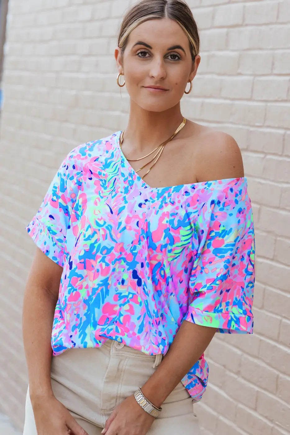 Green loose painted floral tee