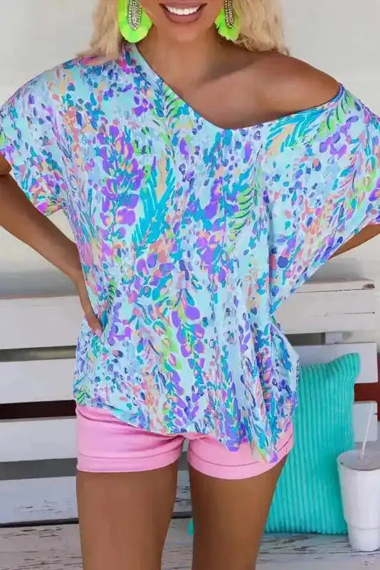 Green Loose Painted Floral Tee - Fashionfitz