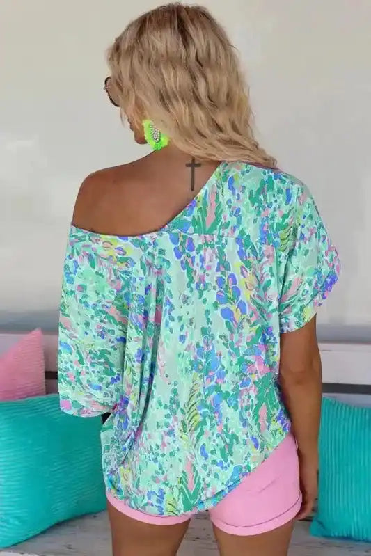 Green Loose Painted Floral Tee - Fashionfitz