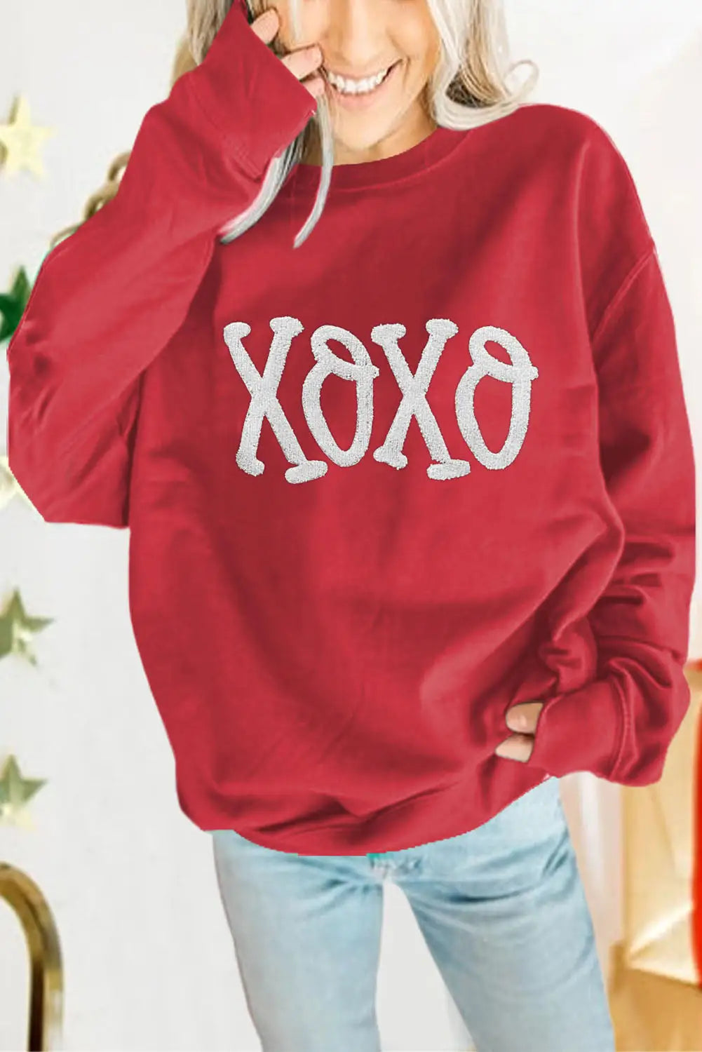 Green lucky alphabet chenille embroidered pullover sweatshirt - racing red / s / 50% polyester + 50% cotton