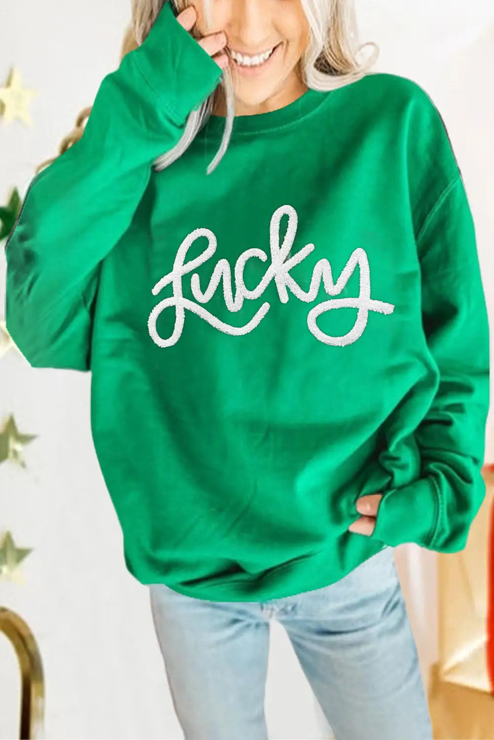 Green lucky alphabet chenille embroidered pullover sweatshirt - s 50% polyester + 50% cotton sweatshirts & hoodies