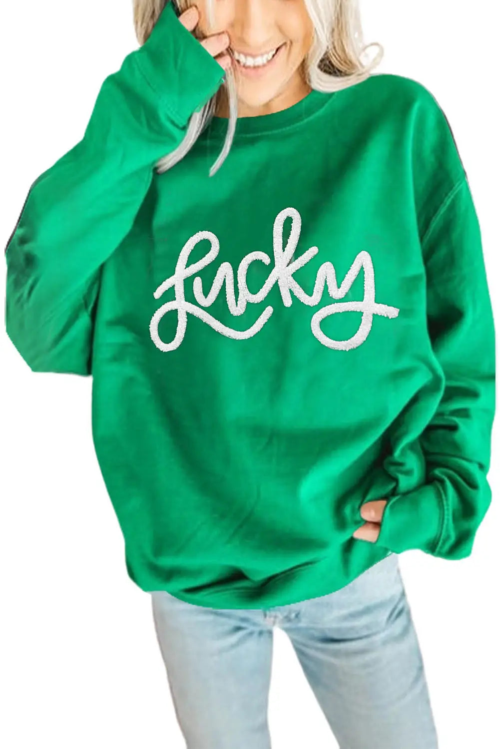 Green lucky alphabet chenille embroidered pullover sweatshirt - sweatshirts & hoodies